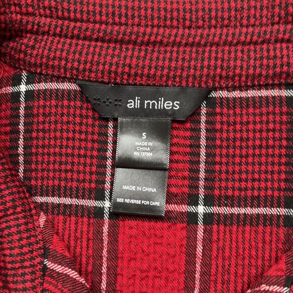 Ali Miles Tunic Top Small Plaid Wire Collar 3/4 Cinched Oversized Red Lagenlook - Picture 4 of 7